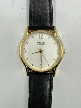 3/$30 Time Watch Men Gold Tone White Dial 30MM Black Leather Band New Battery